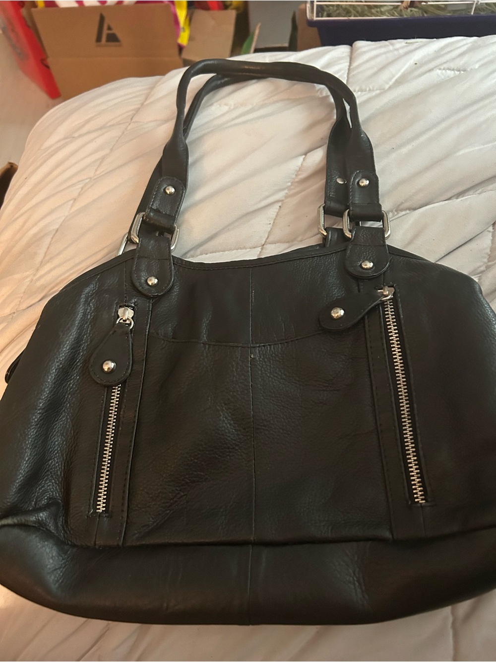 Classic Black Shoulder Tote with Front Zip Accents